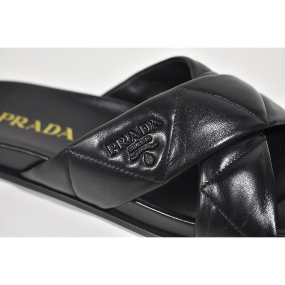 Prada Quilted Criss Cross Strap Black Leather Logo Slide Sandal Mule Flat 39.5 - Picture 6 of 12